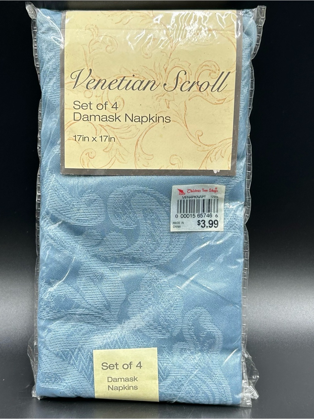 Venetian Scroll Blue Damask Napkins Set of 4 17x17 Elrene New Sealed NOS